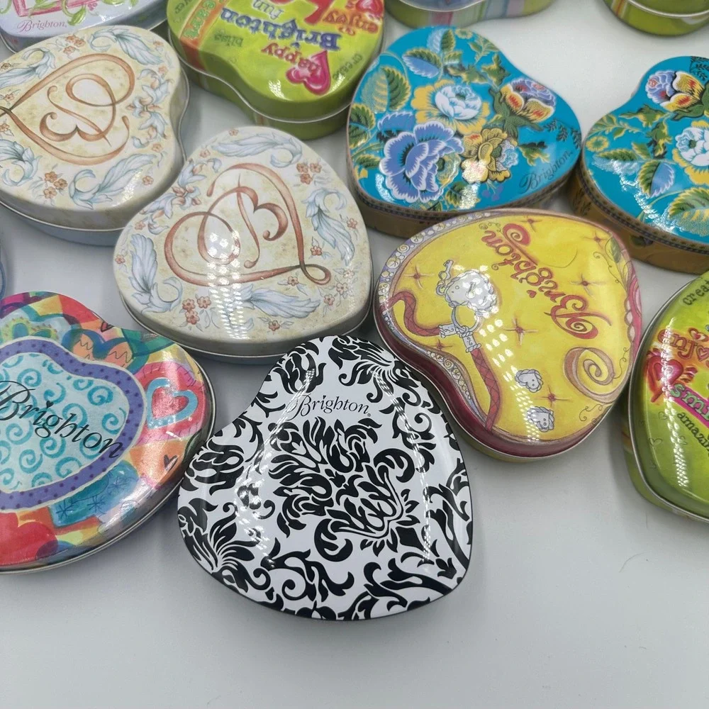 Brighton Heart Shaped Collectible Tins Lot of 30 Mixed Designs Floral Scroll Art